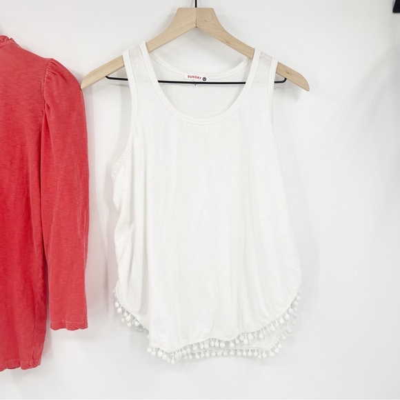 Bundle of 2 Sundry Tops Size 2 Medium Evereve White Pom Pom Tank Coral Ruffle - Picture 7 of 10